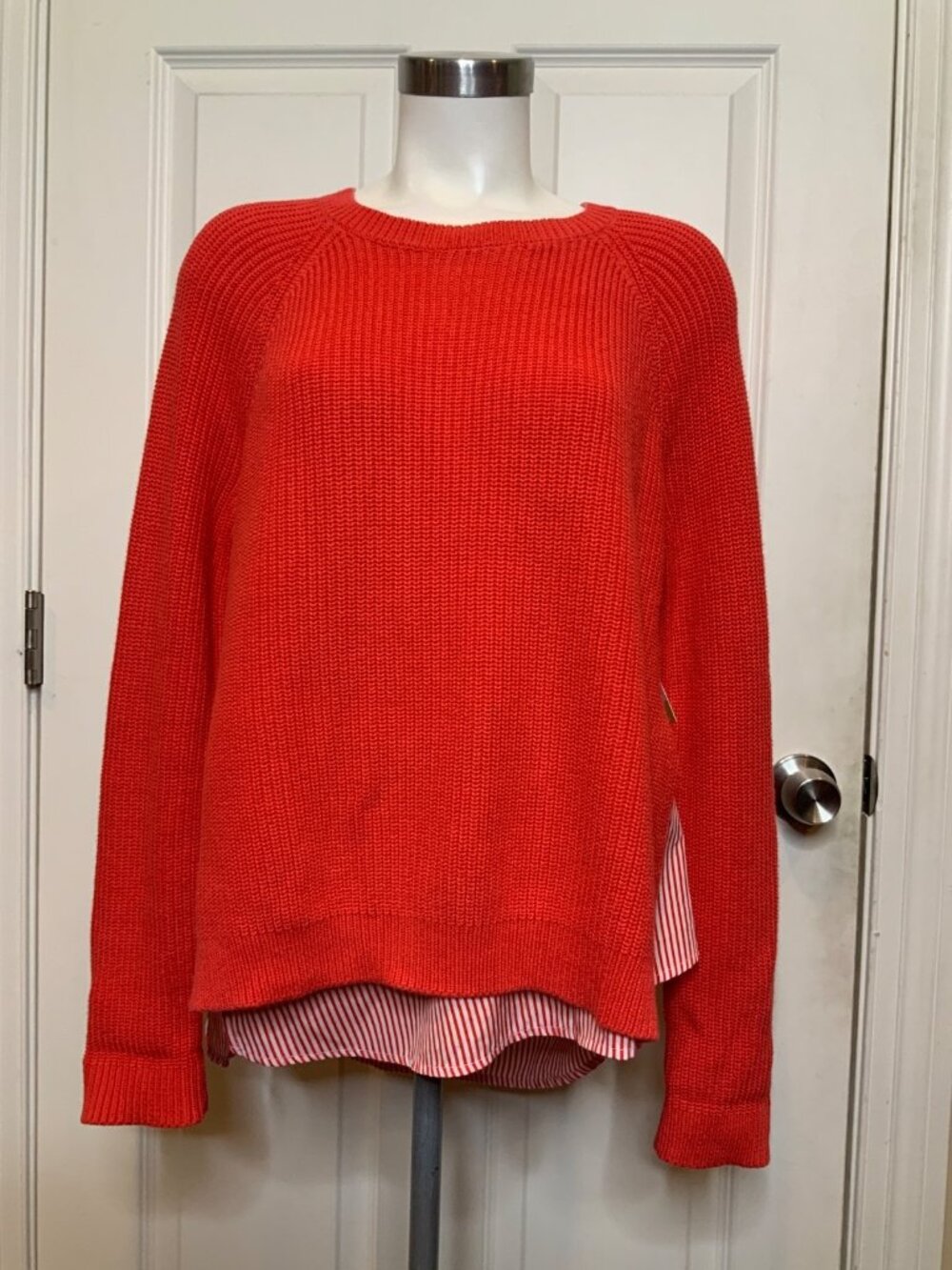Lauren Ralph Lauren Dark Coral Pink Combo Crew Neck Cotton Sweater, Size L